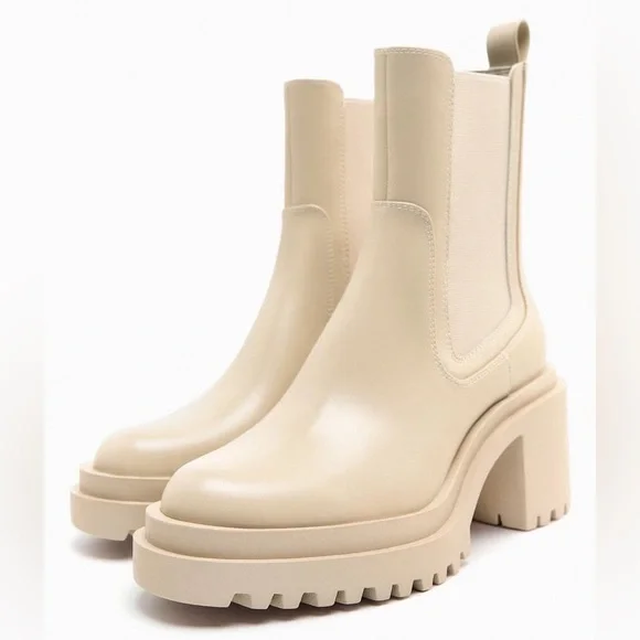 Zara Off White Heeled Boots with Lug Soles - Picture 9 of 11